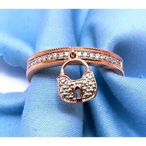 Unique 14K Solid Rose Gold Designer Diamond Band Ring w/ Hanging Lock Charm 9 S